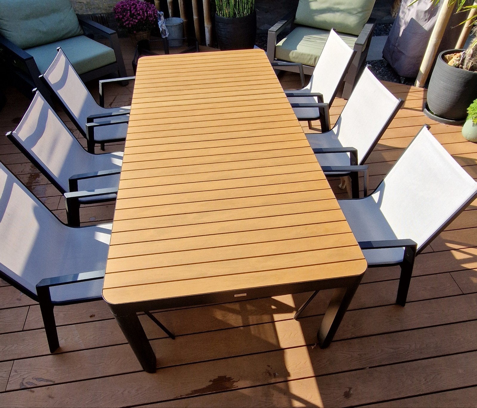 Tuinset met 6 stapelbare stoelen en polywood tafelblad, Tuin en Terras, Ophalen, Overige materialen, Gebruikt, 6 zitplaatsen