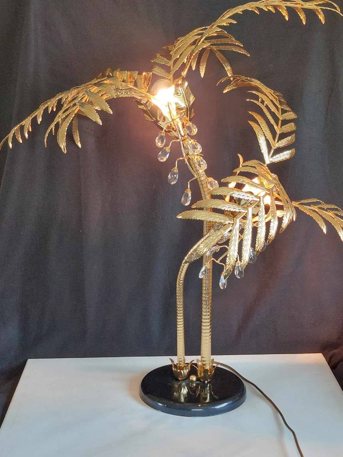 Gouden Palmboom Tafellamp met Kristallen, Overige merken, E27 (groot), Zo goed als nieuw, Ibiza stijl