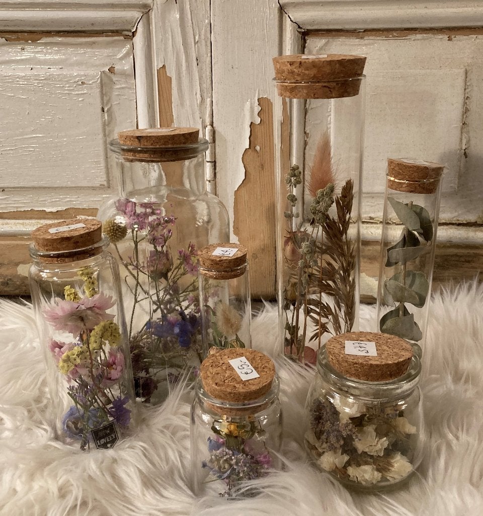 Nieuw / Droogbloemen in glas / in glazen flesjes en buisjes, Antiek en Kunst, Curiosa en Brocante, Ophalen