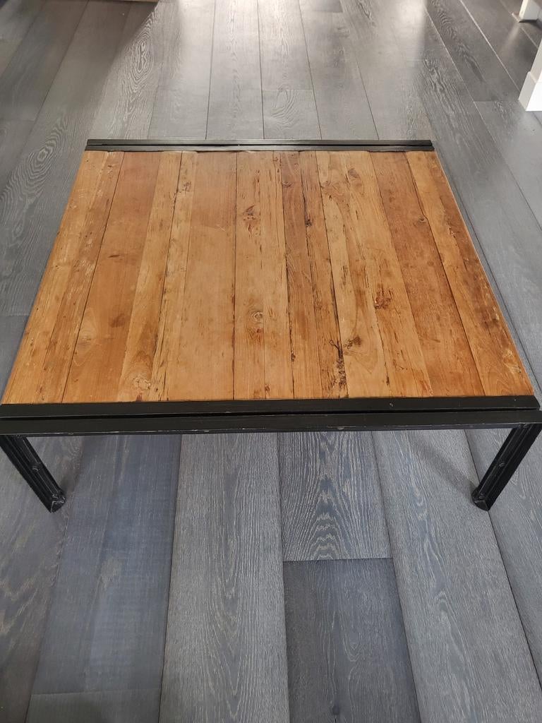 Industriële salontafel (100x100cm) met zwart metalen frame, Huis en Inrichting, Tafels | Salontafels, Ophalen, Vierkant, Zo goed als nieuw
