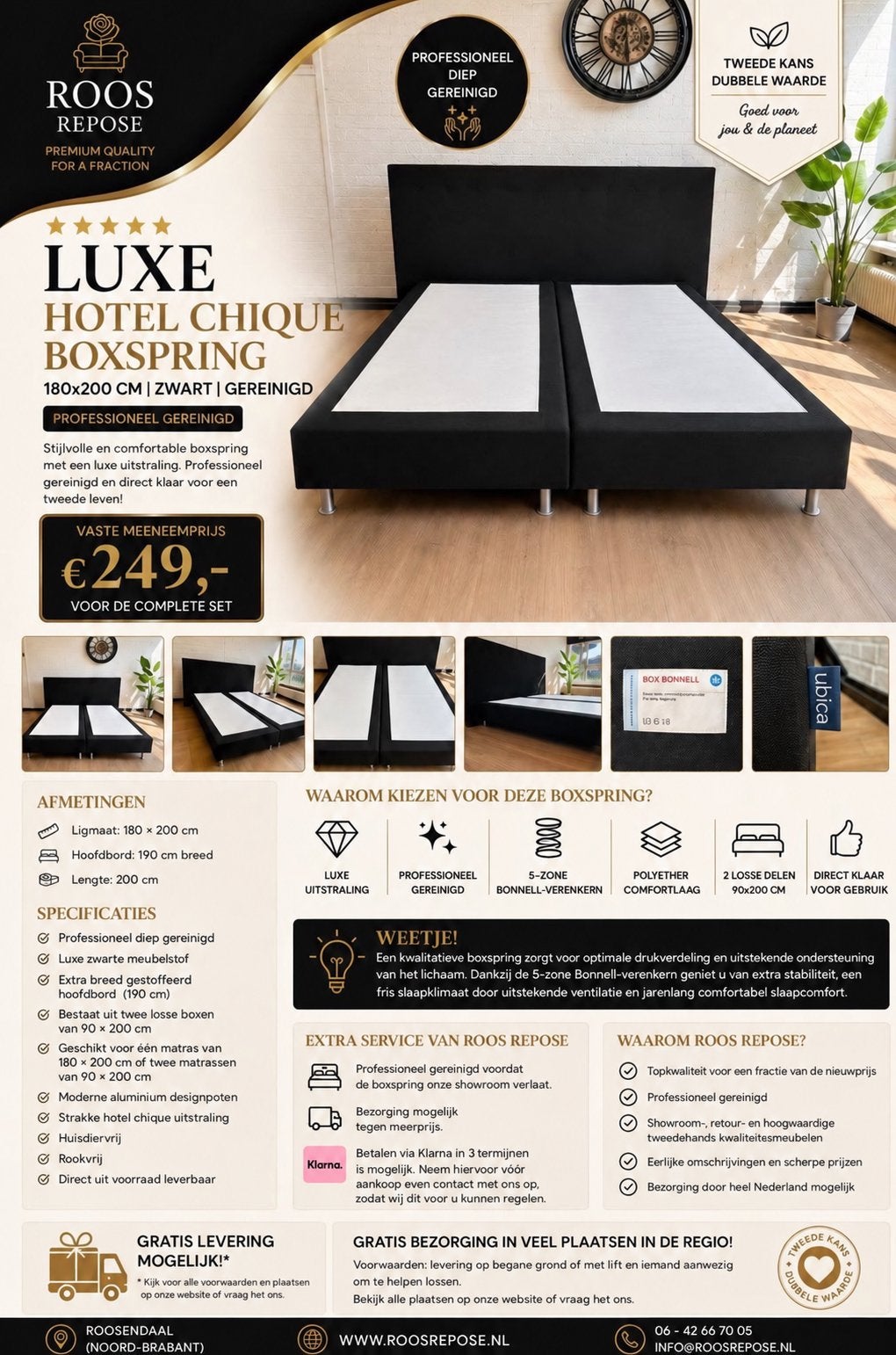 Luxe Hotel Bed | Chique Boxspring | 180x200 cm | Gereinigd, Zwart, Tweepersoons, Ophalen of Verzenden, Zo goed als nieuw