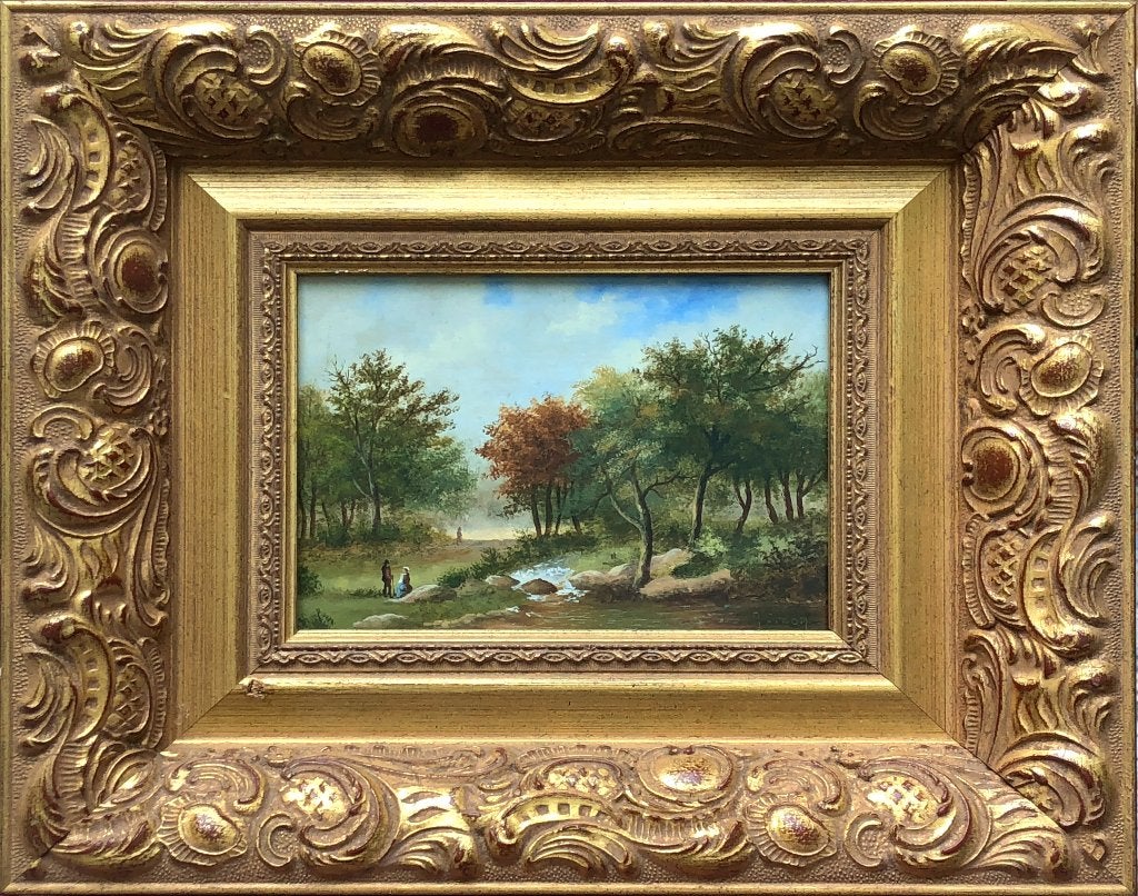 J. Croon Schilderij (olieverf) paneel 'Romantisch tafere..',, Ophalen of Verzenden