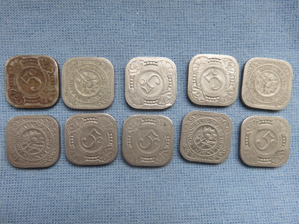 Collectie vierkante stuivers in nikkel – 1e helft 20e eeuw, Ophalen of Verzenden, Koningin Wilhelmina, 5 cent, Setje