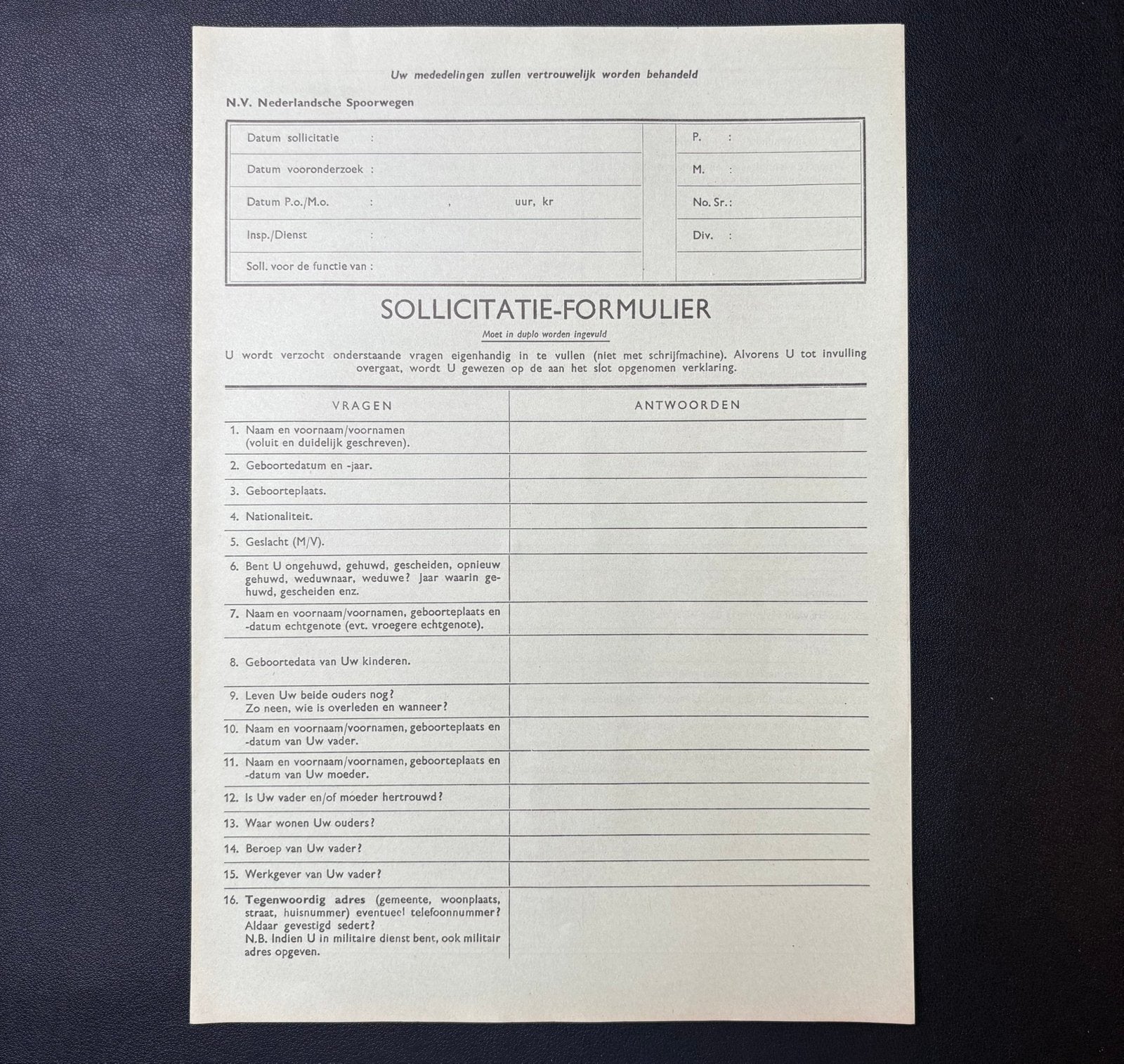 Blanco sollicitatieformulier Nederlandsche Spoorwegen (1957), Verzamelen, Ophalen of Verzenden, Zo goed als nieuw, Trein