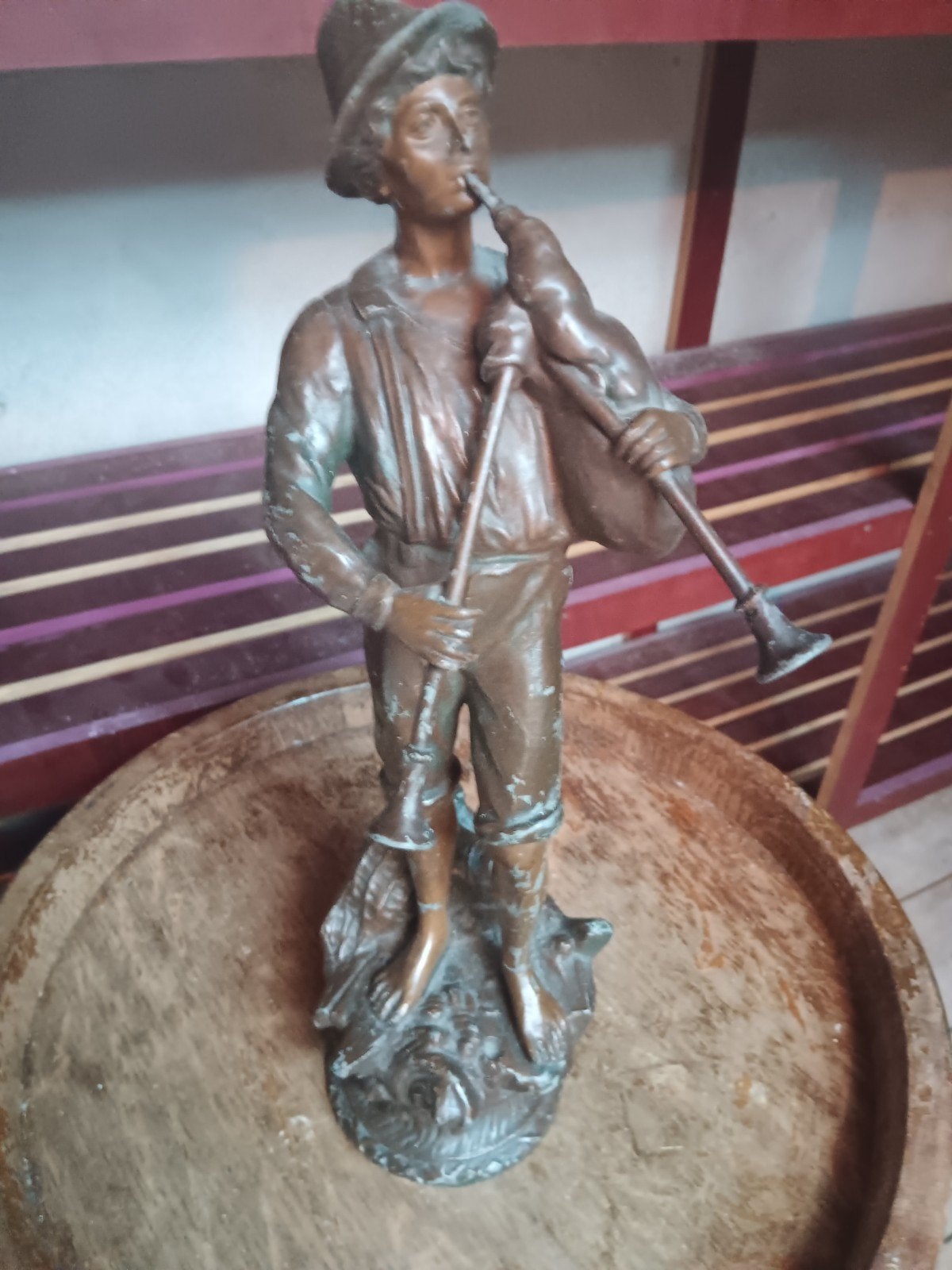 Vintage bronzen beeldje van doedelzakspeler, Ophalen of Verzenden, 20 - 50 cm, Beeld, Bruin
