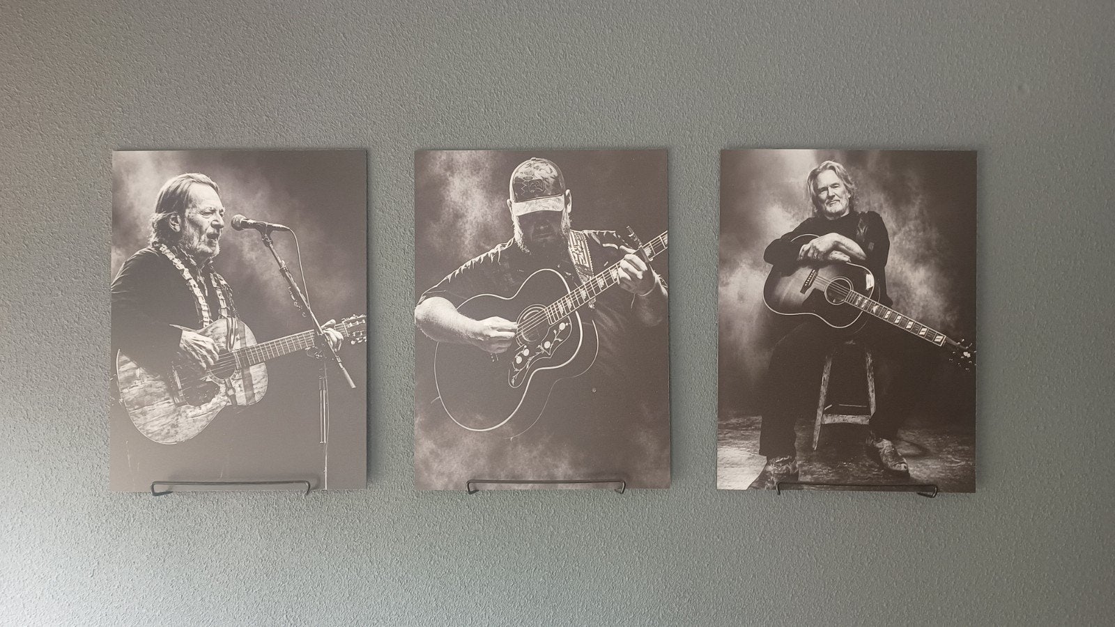 Set van 3 Zwart-wit muzikant foto's op aluminium, Minder dan 50 cm, Gebruikt, Ophalen of Verzenden, Foto of Poster
