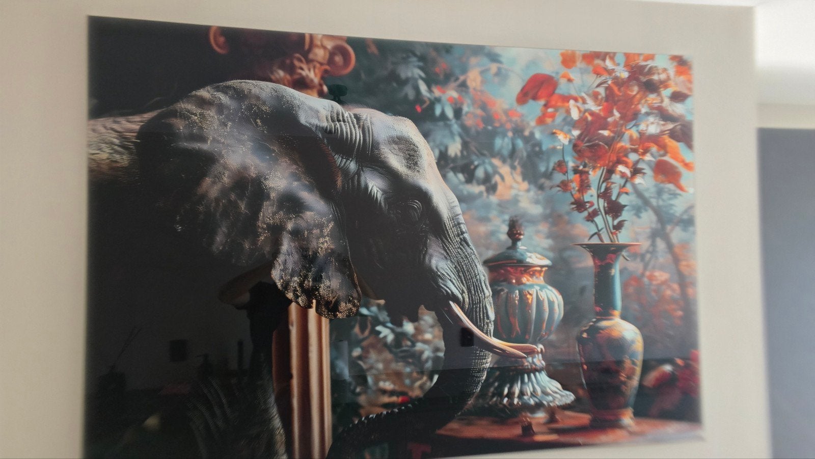 Prachtig Glasschilderij Olifant met Vaas - 110x160cm, Ophalen