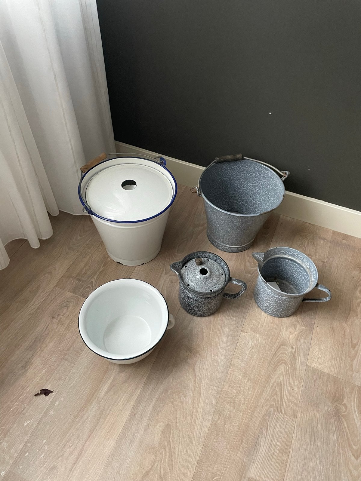 Vintage geëmailleerde potten en emmers set, Ophalen of Verzenden