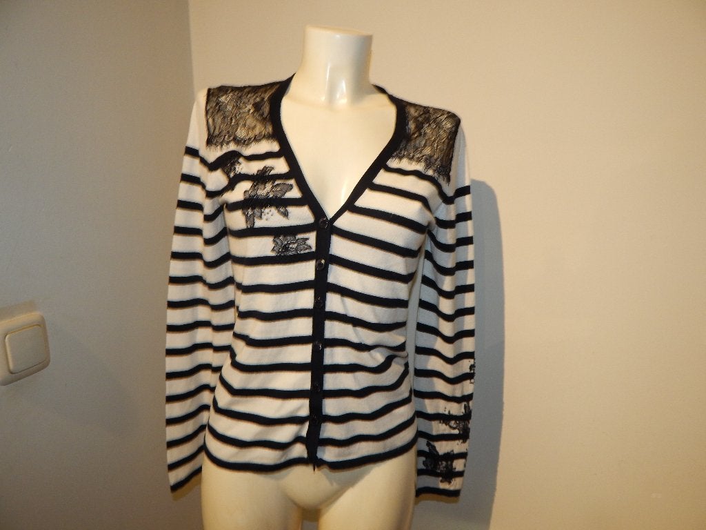 Marccain gestreept vest bovenkant voile kant sier stiksels, Maat 38/40 (M), Verzenden, Wit, Gedragen