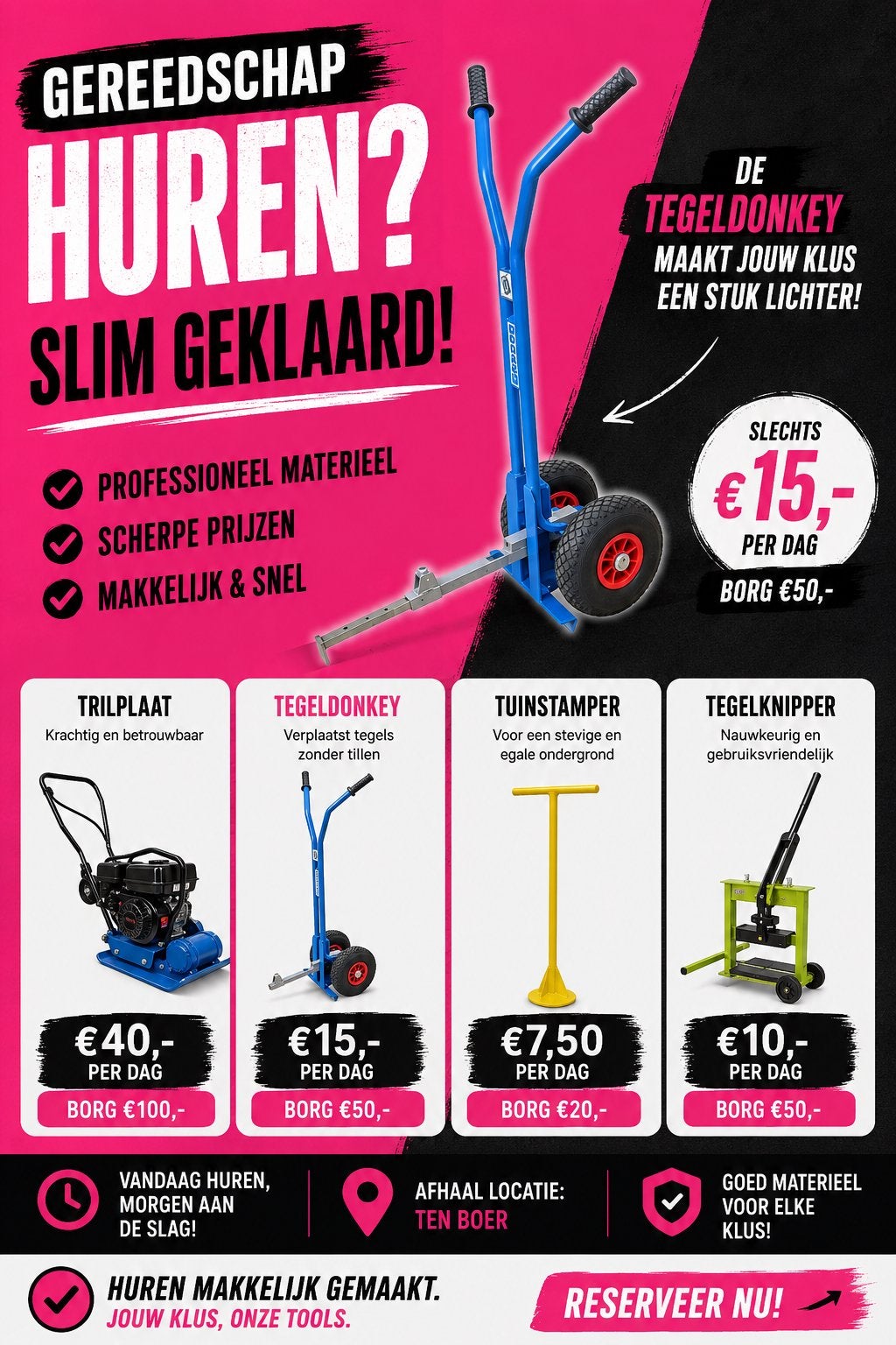 Trilplaat, tegeldonkey en tegelknipper te huur, Ophalen