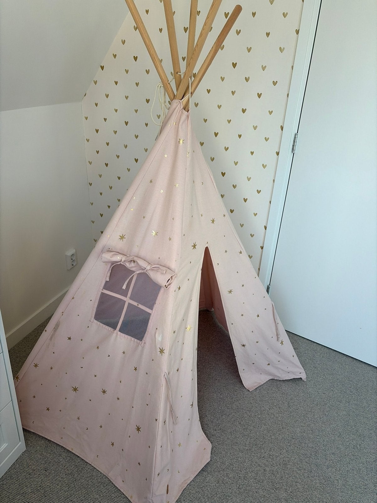 Tipi tent Petit Amelie oudroze met gouden sterren, Ophalen, Zo goed als nieuw, Hout