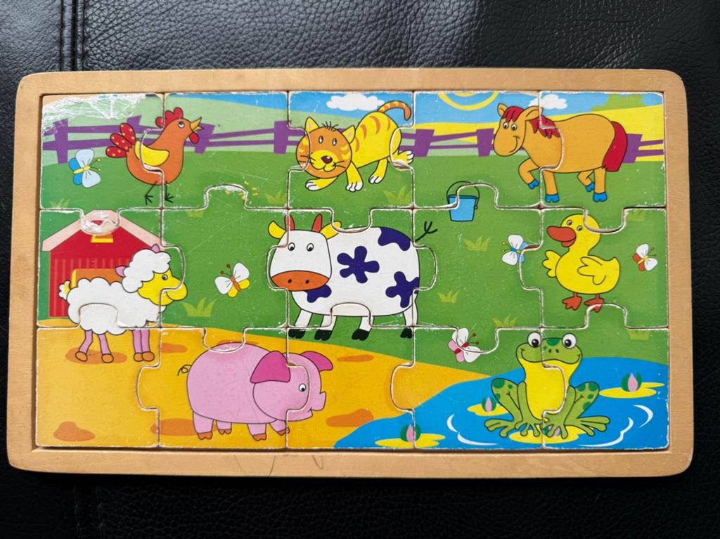Houten boerderij dieren puzzel voor kinderen, Ophalen, 2 tot 4 jaar, Gebruikt, 10 tot 50 stukjes