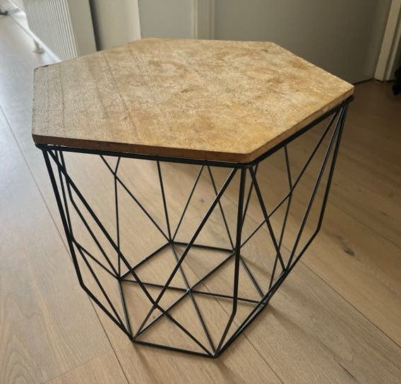 Zeshoekige bijzettafeltje - industrieel modern - hout metaal, Ophalen, Minder dan 55 cm, Gebruikt, Rond
