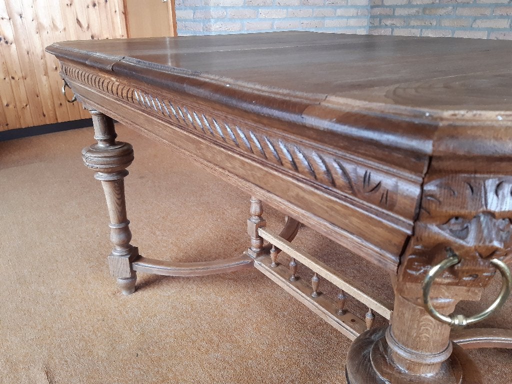 Antieke uitschuifbare tafel met leeuwenkoppen, Ophalen, Gebruikt, 100 tot 150 cm, Vier personen
