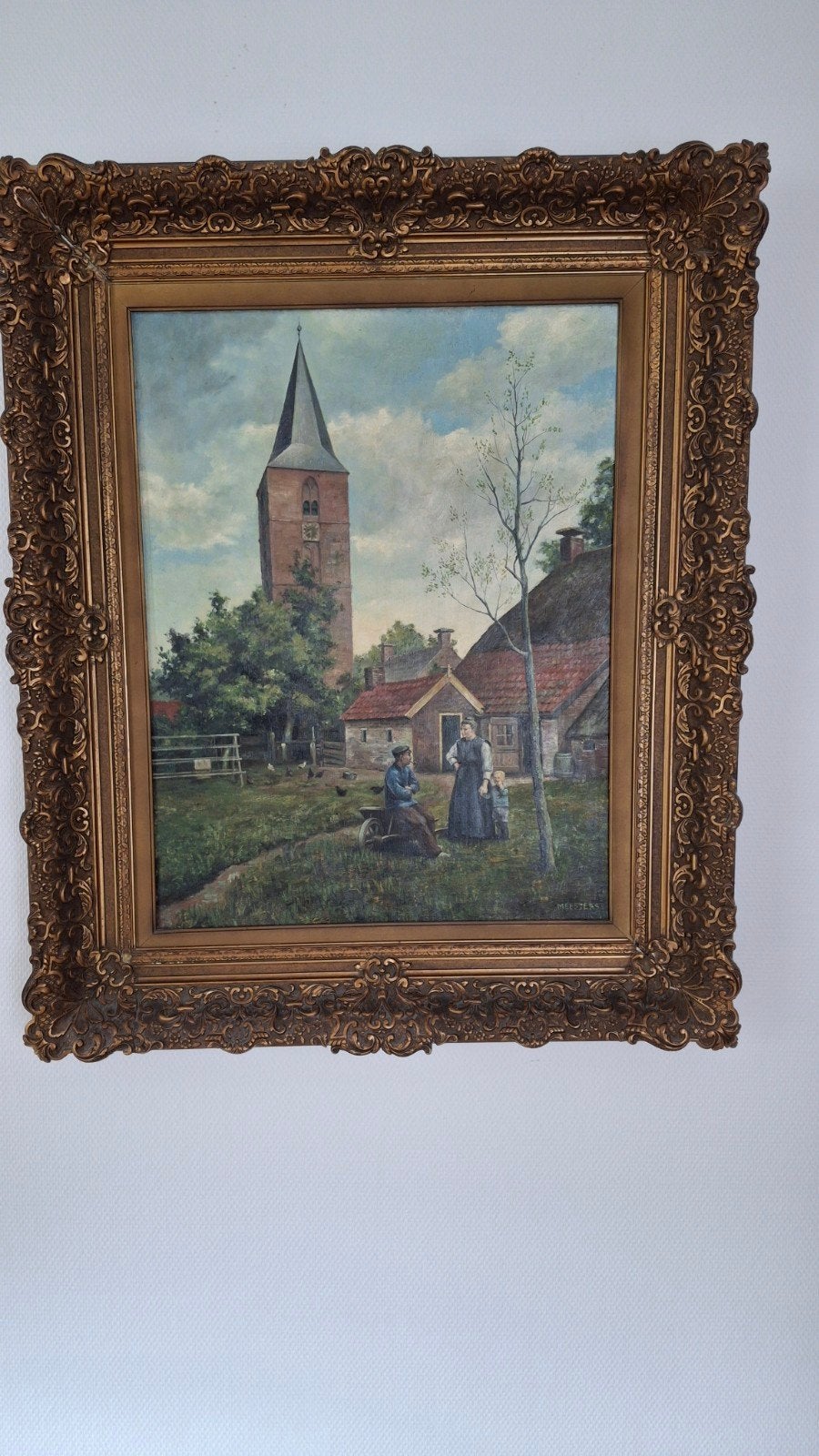 Dirk Meesters Schilderij: Dorpsgezicht met Kerk en Figuren, Ophalen, Doek, Olieverf, Klassiek
