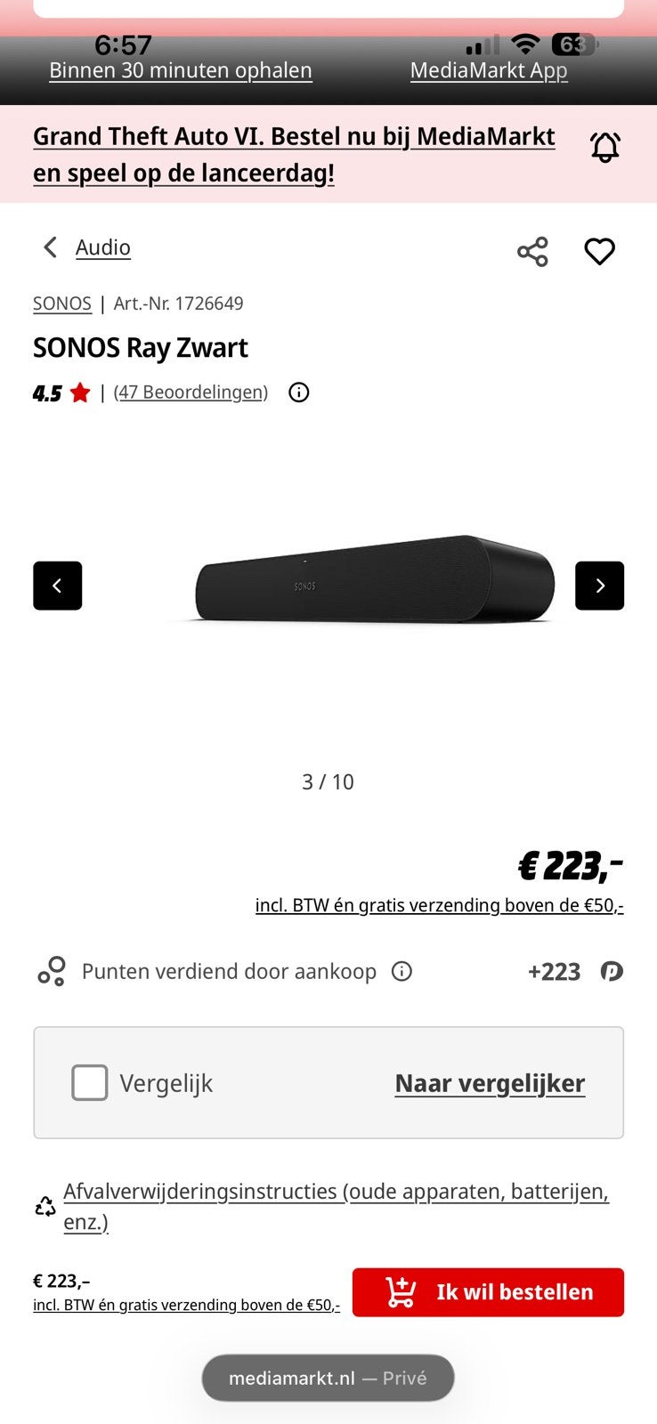 Sonos Ray Soundbar ZWART, Ophalen of Verzenden, Zo goed als nieuw