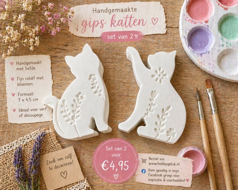 Handgemaakte gips katten set van 2 om te decoreren, Eu, Handgemaakt, Dieren, Nieuw