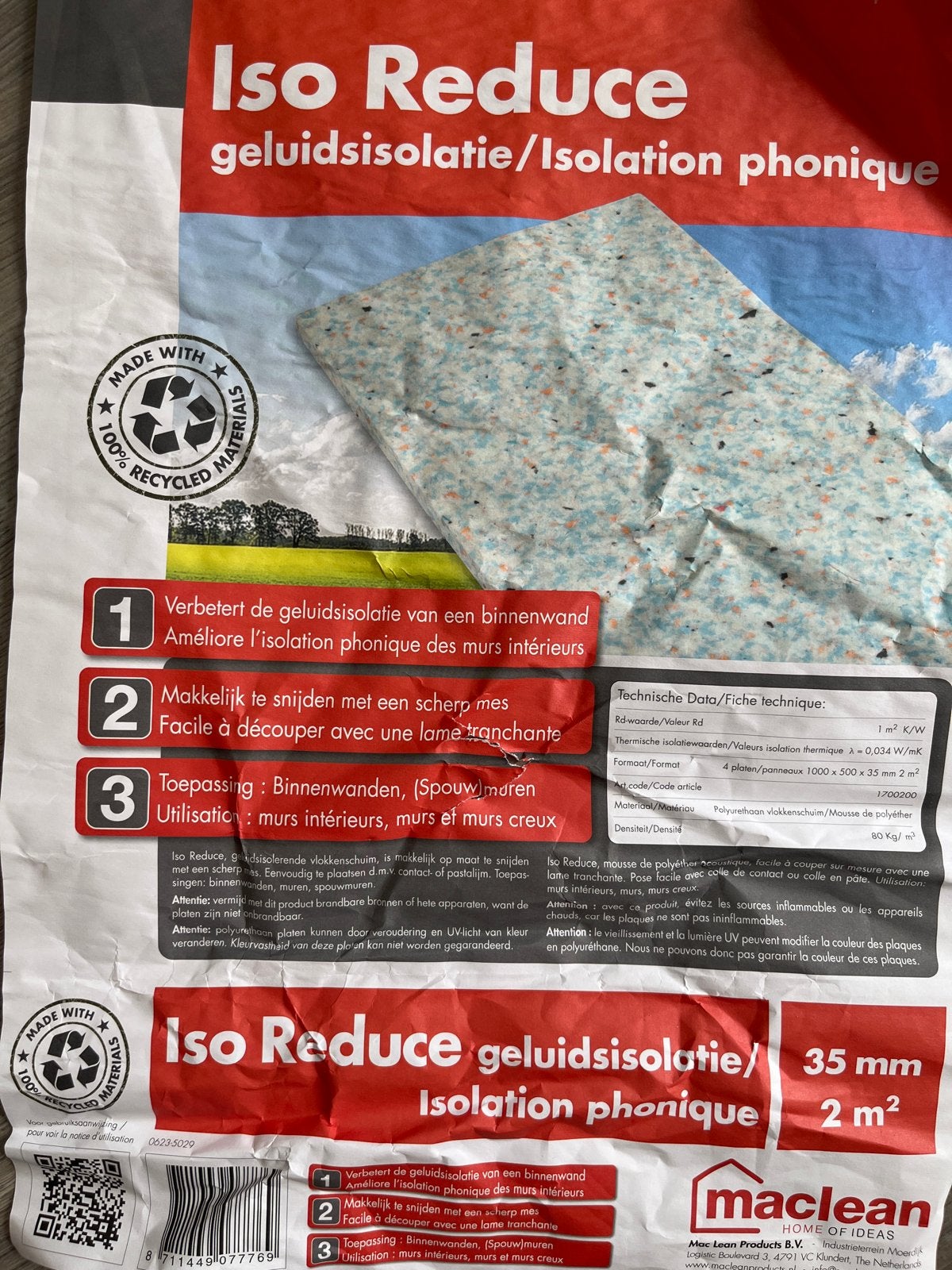 Iso Reduce geluidsisolatie/isolatieplaten 35mm - 1,3m², Doe-het-zelf en Verbouw, Isolatie en Afdichting, Ophalen, Overige materialen