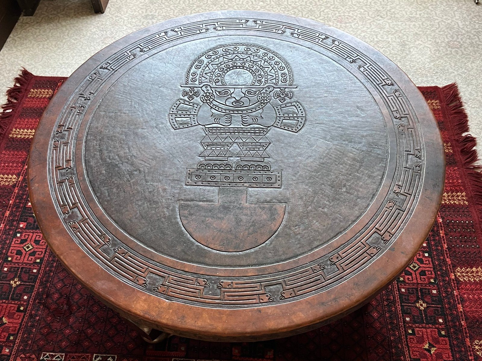 Salontafel, Peru stijl Inca symbolen, blad met leer, Ophalen