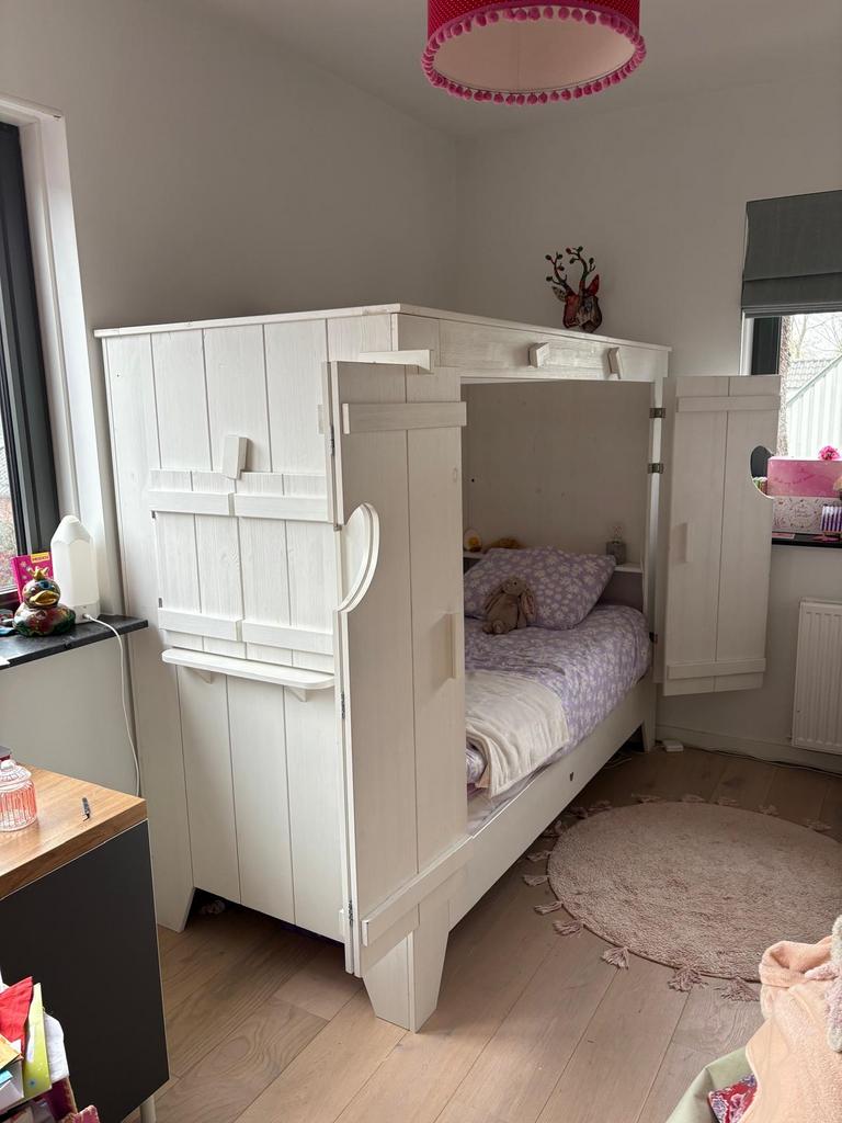 Lief! Bedstee Saar bed - Massief grenen met hartjes, 90 cm, Eenpersoons, Wit, Ophalen of Verzenden