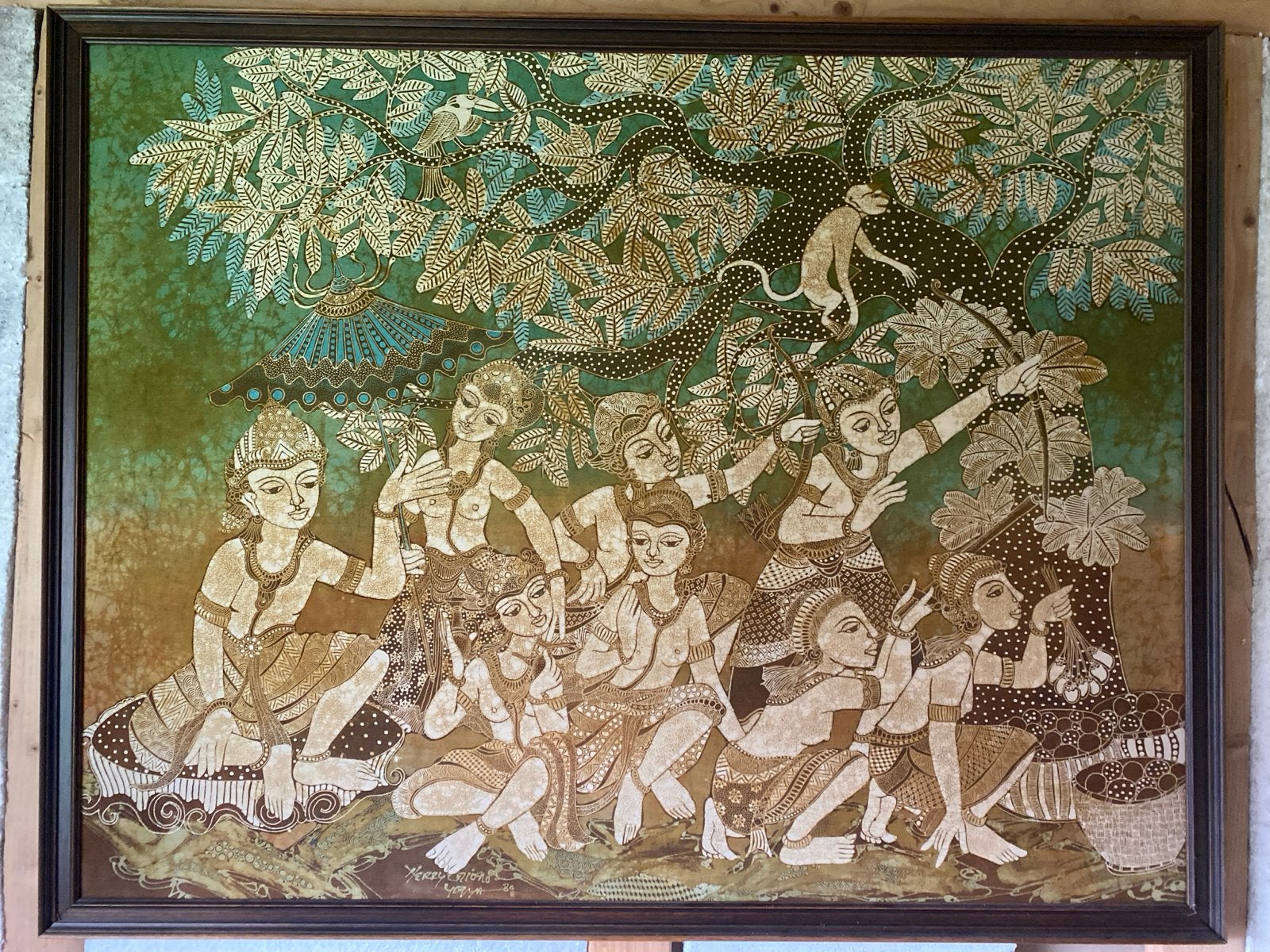 Prachtig Batik Doek met Scène van Mensen en Dieren, Doek, Portret of Personen, Ophalen of Verzenden, Handgeschilderd