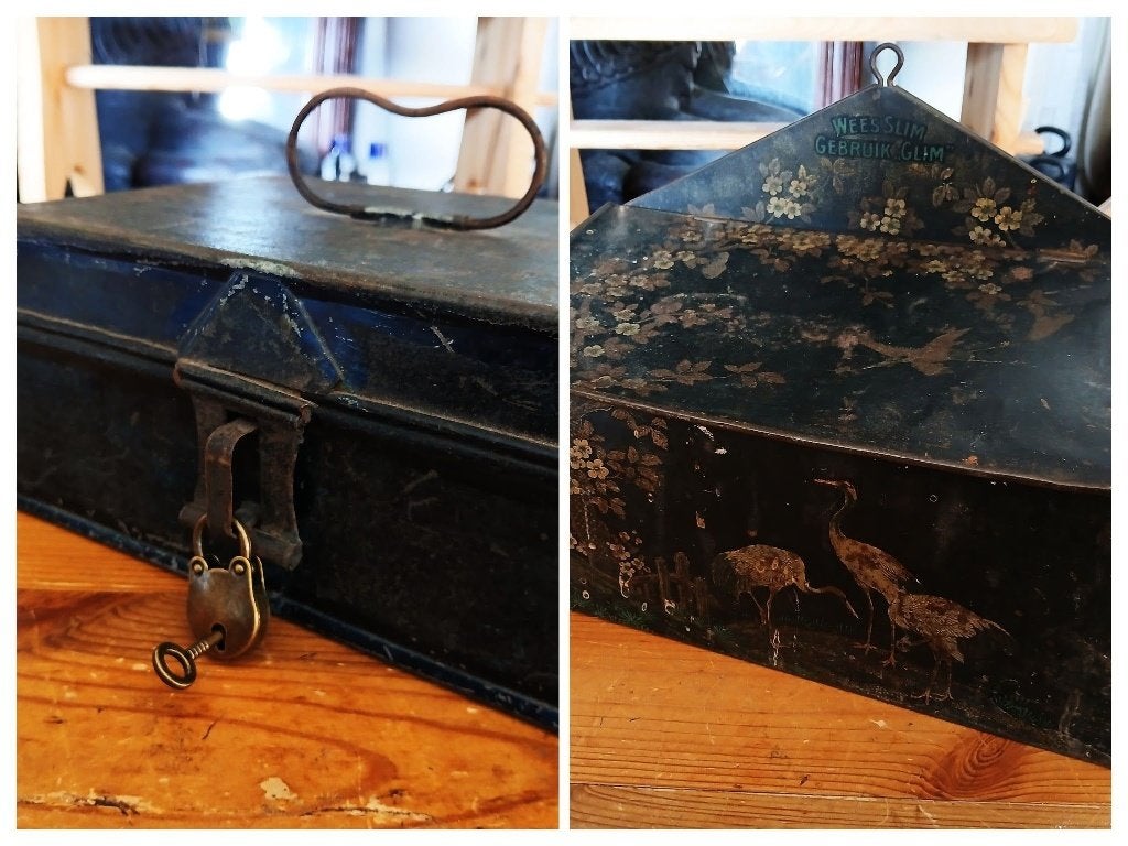 Glim poetsdoos en geldkistje met slotje metaal brocante, Ophalen of Verzenden