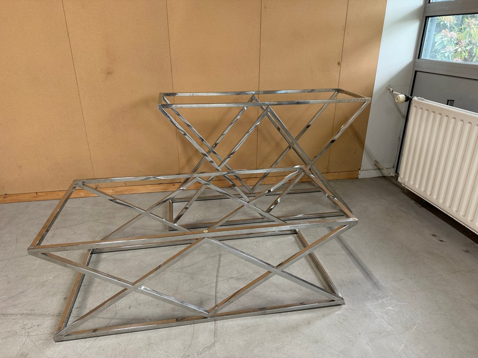 Set van sidetable salontafel glazen blad eric kuster stijl, Ophalen, Gebruikt, Glas, 75 cm of meer