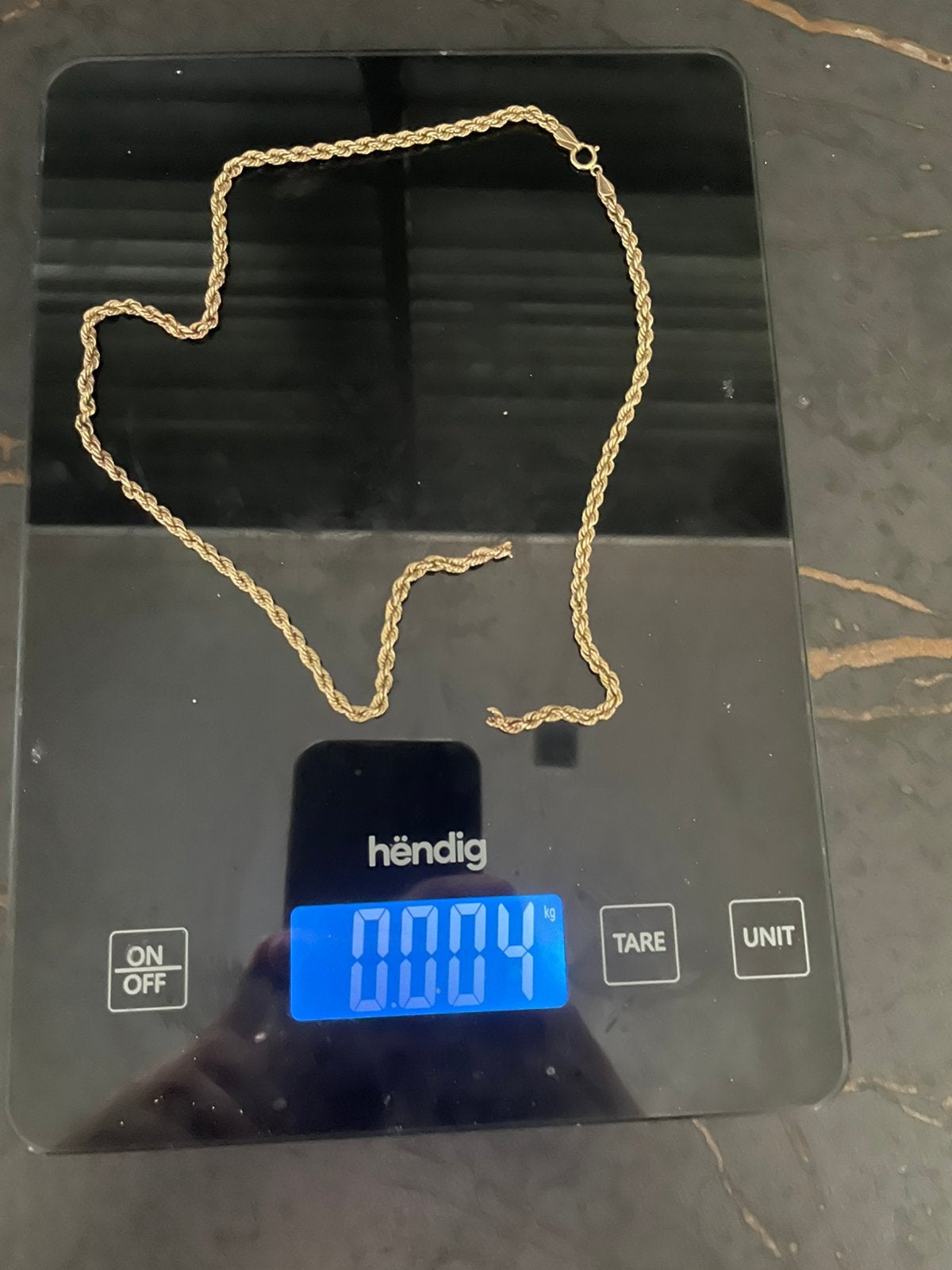9ct 4 gram 45 cm rope chain klein breukje, Sieraden, Tassen en Uiterlijk, Kettingen, Verzenden, Zo goed als nieuw, Goud