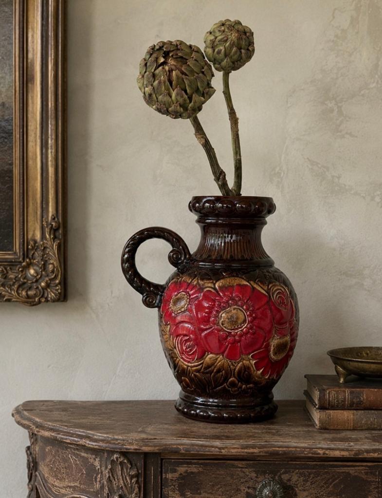 Antieke bloemenvaas bruin/rood met oor, Ophalen of Verzenden