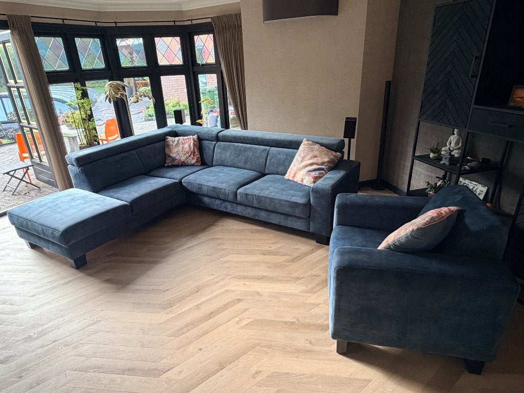 Luxe hoekbank, fauteuil adore/petrol, elektrisch verstelbaar, Ophalen, 250 tot 300 cm, Hoekbank, Zo goed als nieuw
