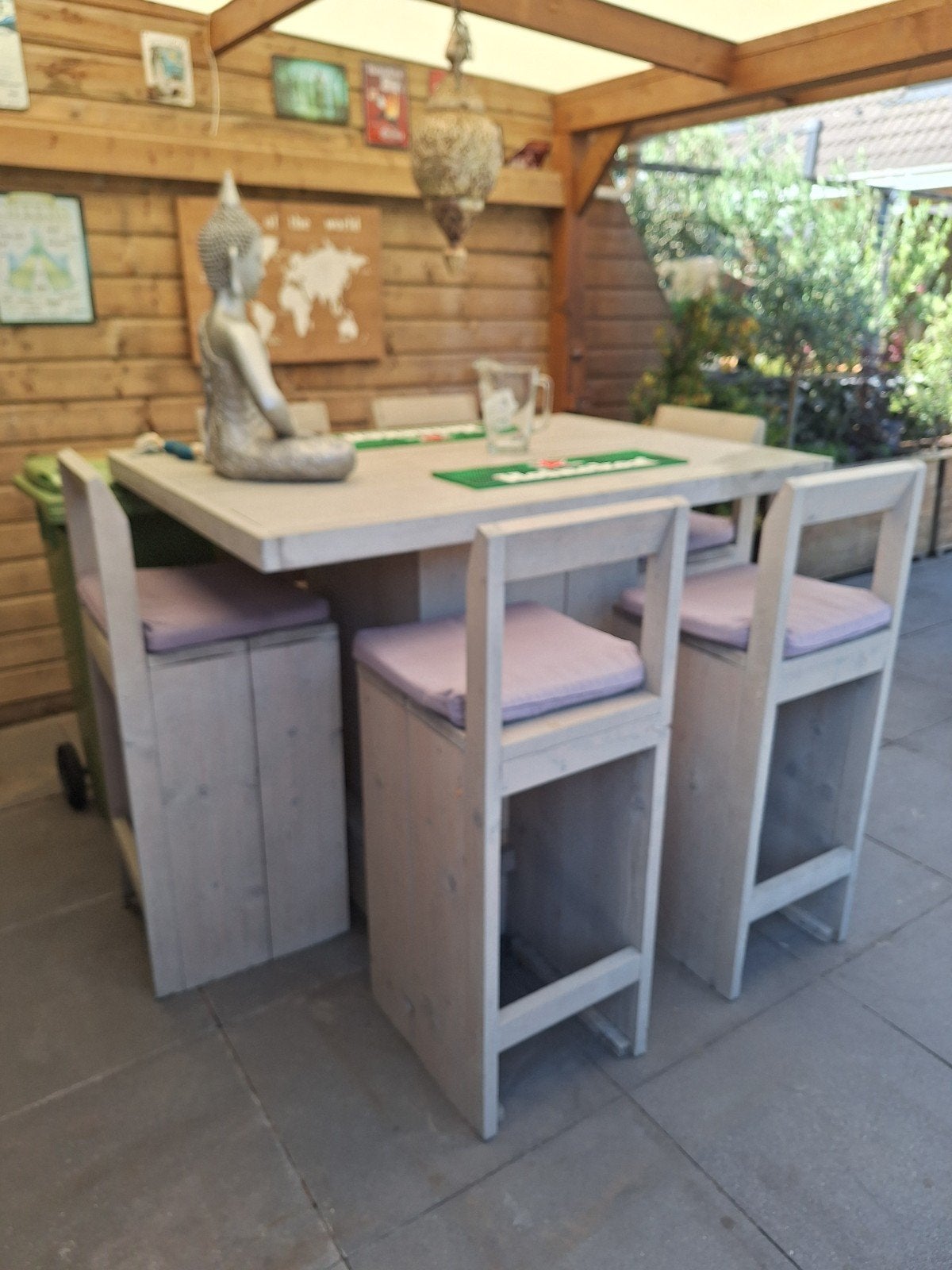 Steigerhouten tuinset met 6 stoelen en kussens, Tuin en Terras, 4 zitplaatsen, Gebruikt, Steigerhout, Ophalen of Verzenden