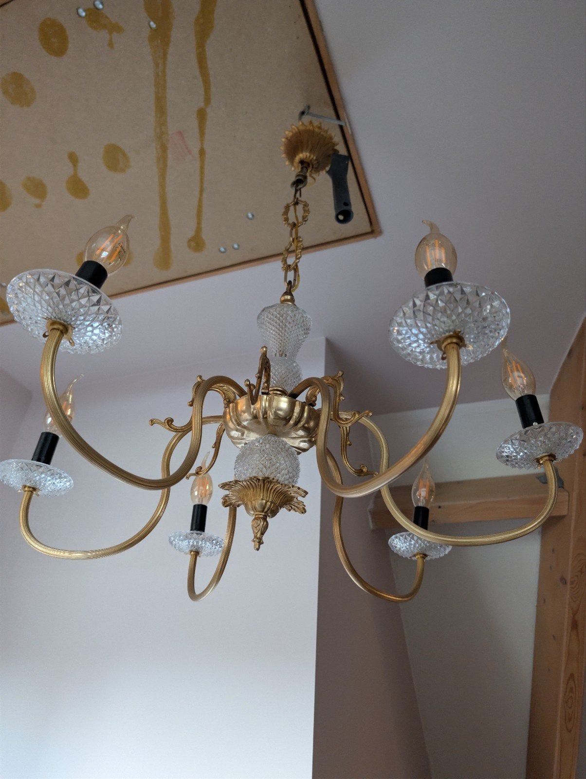Kroonluchter met kristallen en 6 dimbare LED peertjes, Ophalen, Gebruikt, Klassiek, Kristal, E14 (klein)