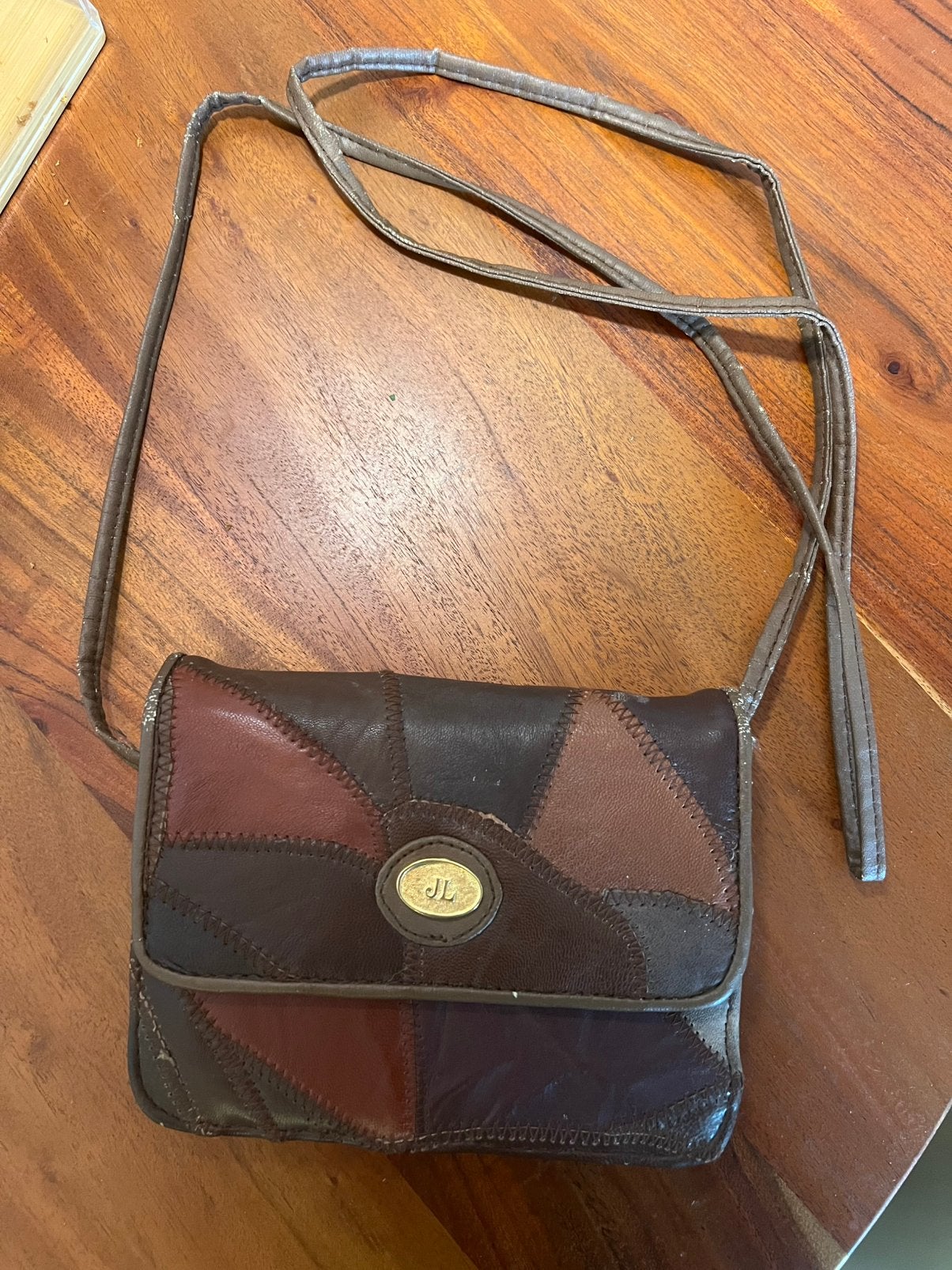 Vintage bruin leren patchwork JL schoudertasje heuptas tasje, Ophalen of Verzenden, Zo goed als nieuw, Bruin, Schoudertasje
