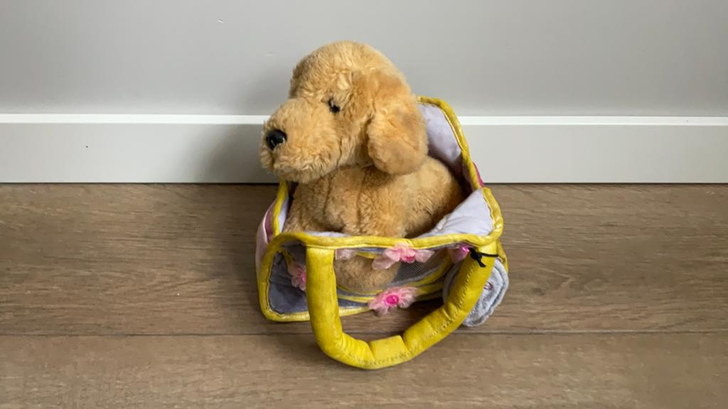 Hondje in velours tasje, Kinderen en Baby's, Overige merken, Overige karakters, Zo goed als nieuw, Klein (minder dan 20 cm)