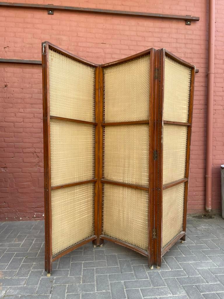 Vintage 3-slag teakhouten kamerscherm met linnen doeken, Huis en Inrichting, Woonaccessoires | Kamerschermen, Ophalen of Verzenden