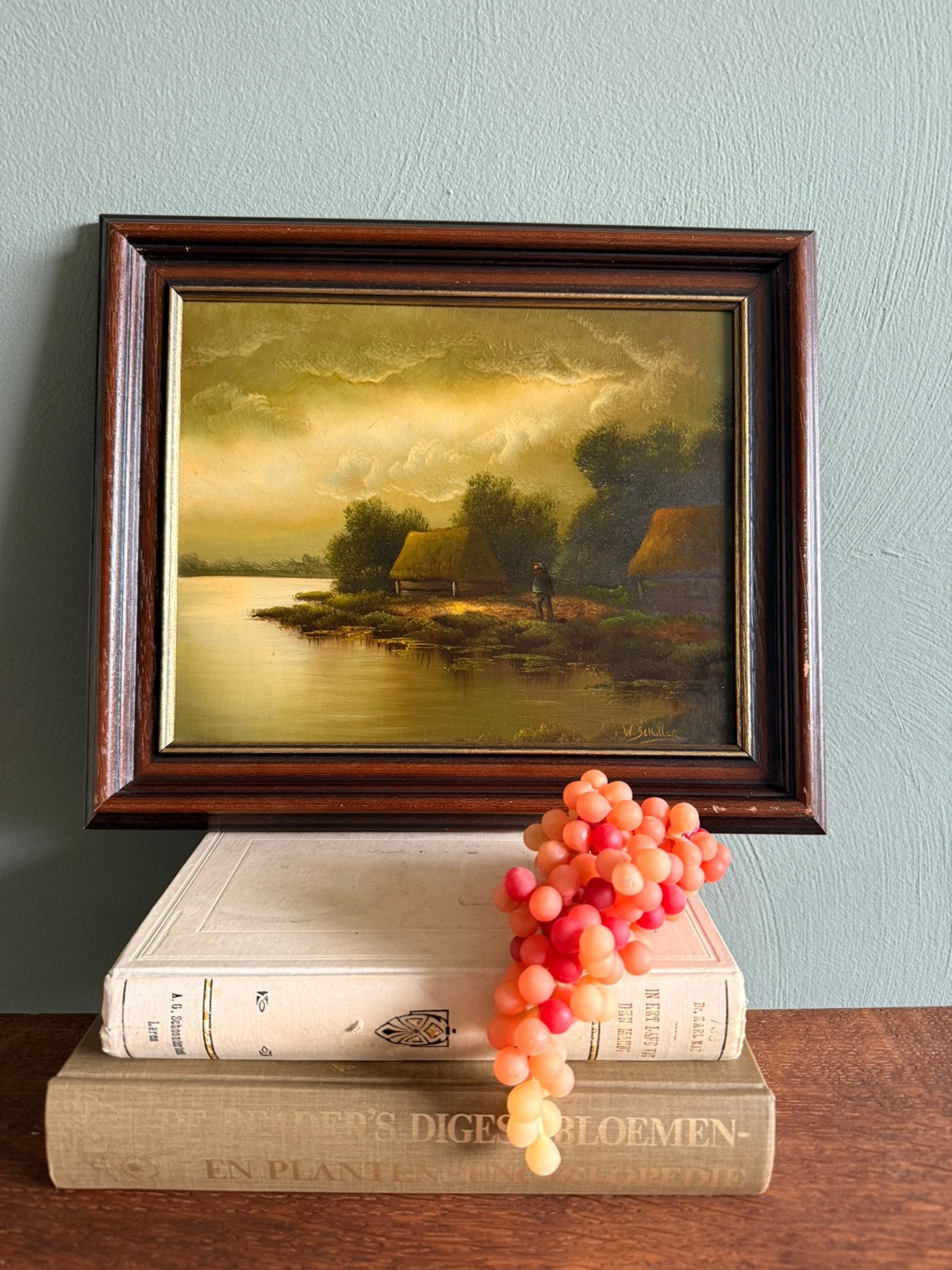 Vintage olieverfschilderij rivierlandschap | 32 x 38 cm, Ophalen of Verzenden