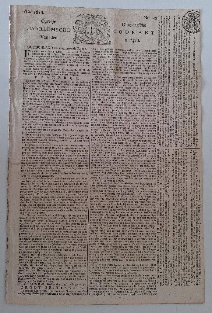 Opregte Dinsdagsche Haarlemsche Courant  9 April 1816, Verzenden, Gelezen, Krant