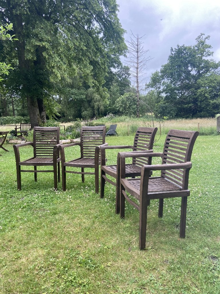 Set van 4 Bois le Duc stapelbare tuinstoelen – teakhout, Ophalen, Zo goed als nieuw, Teakhout, Stapelbaar