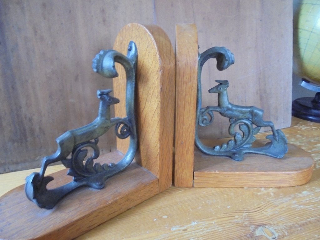 Vintage boekensteunen met hertenfiguren, brons/hout, Ophalen of Verzenden