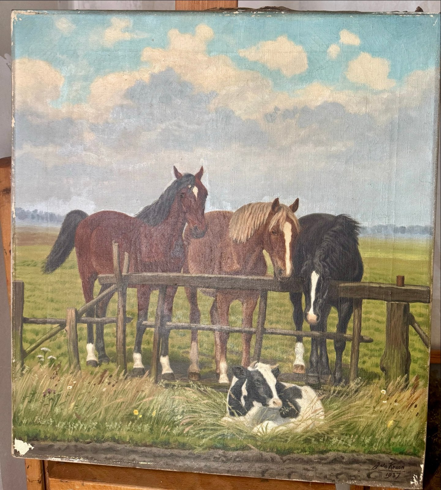 Olieverfschilderij: Paarden en Kalfje in Landschap (1987), Ophalen of Verzenden