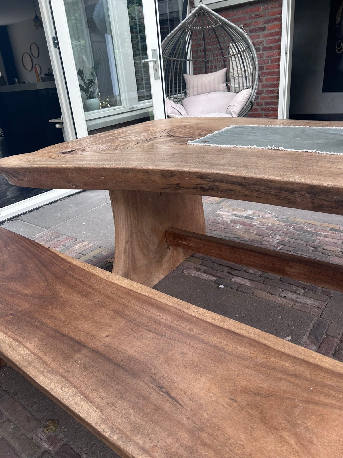 Boomstam tafel te koop, Tuin en Terras, Picknicktafels, Ophalen, Zo goed als nieuw, Rechthoekig, Hout