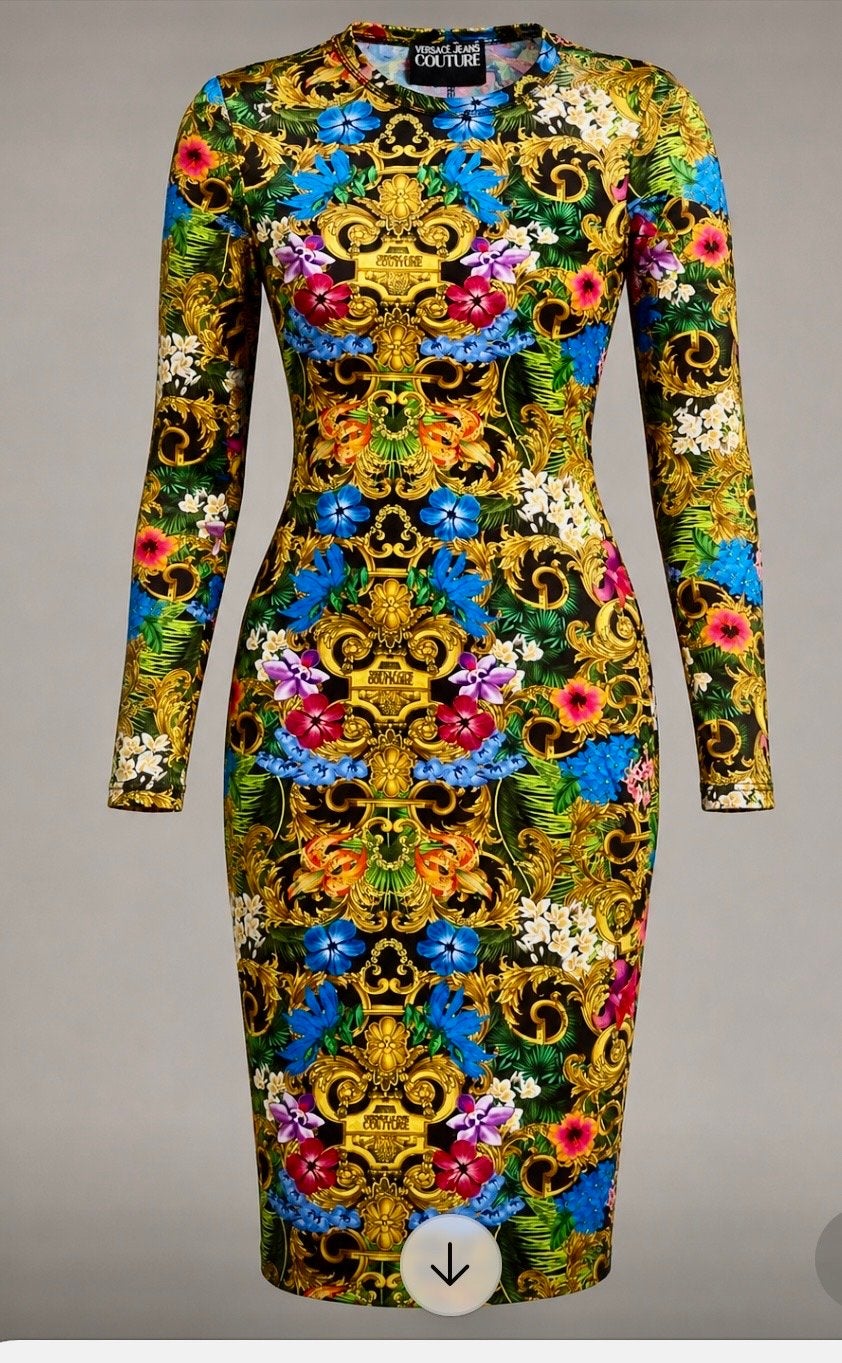Versace Jeans Couture Jurk Bloemenprint Maat S, Kleding | Dames, Jurken, Zo goed als nieuw, Maat 36 (S), Overige kleuren, Onder de knie