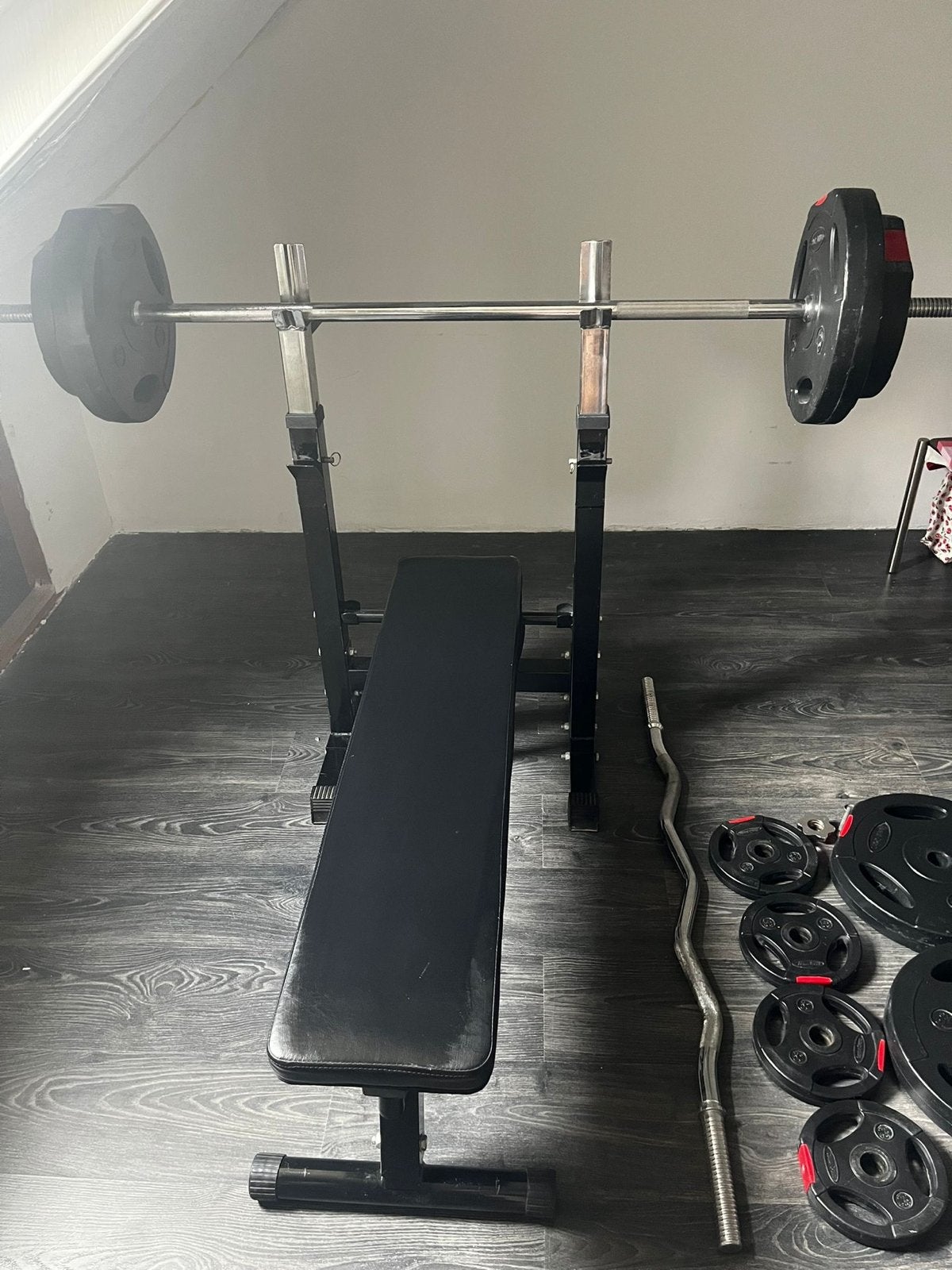 Complete Home Gym Set: Bench Press, Gewichten, Z Bar, Dumbbe, Sport en Fitness, Ophalen, Gebruikt, Armen, Halterset