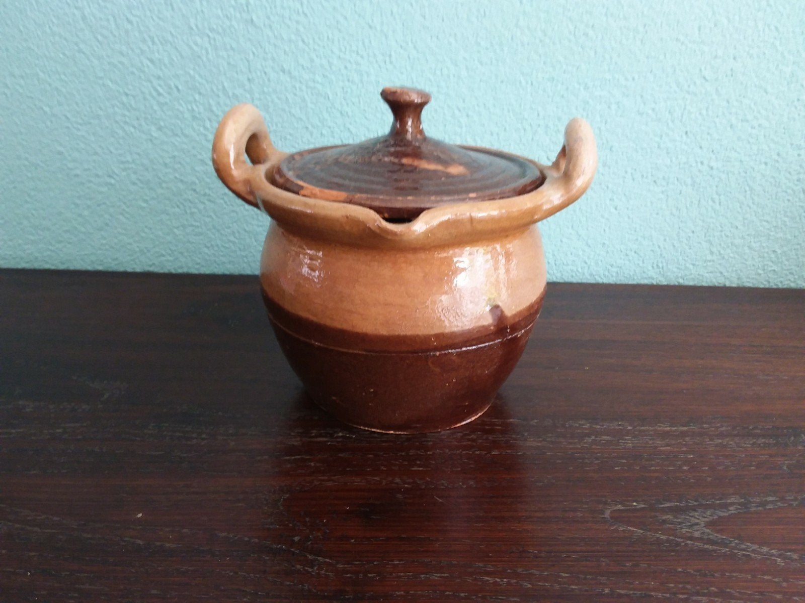 Oud (mosterd)potje met deksel geglazuurd   zeker 75 jaar, Antiek en Kunst, Ophalen of Verzenden