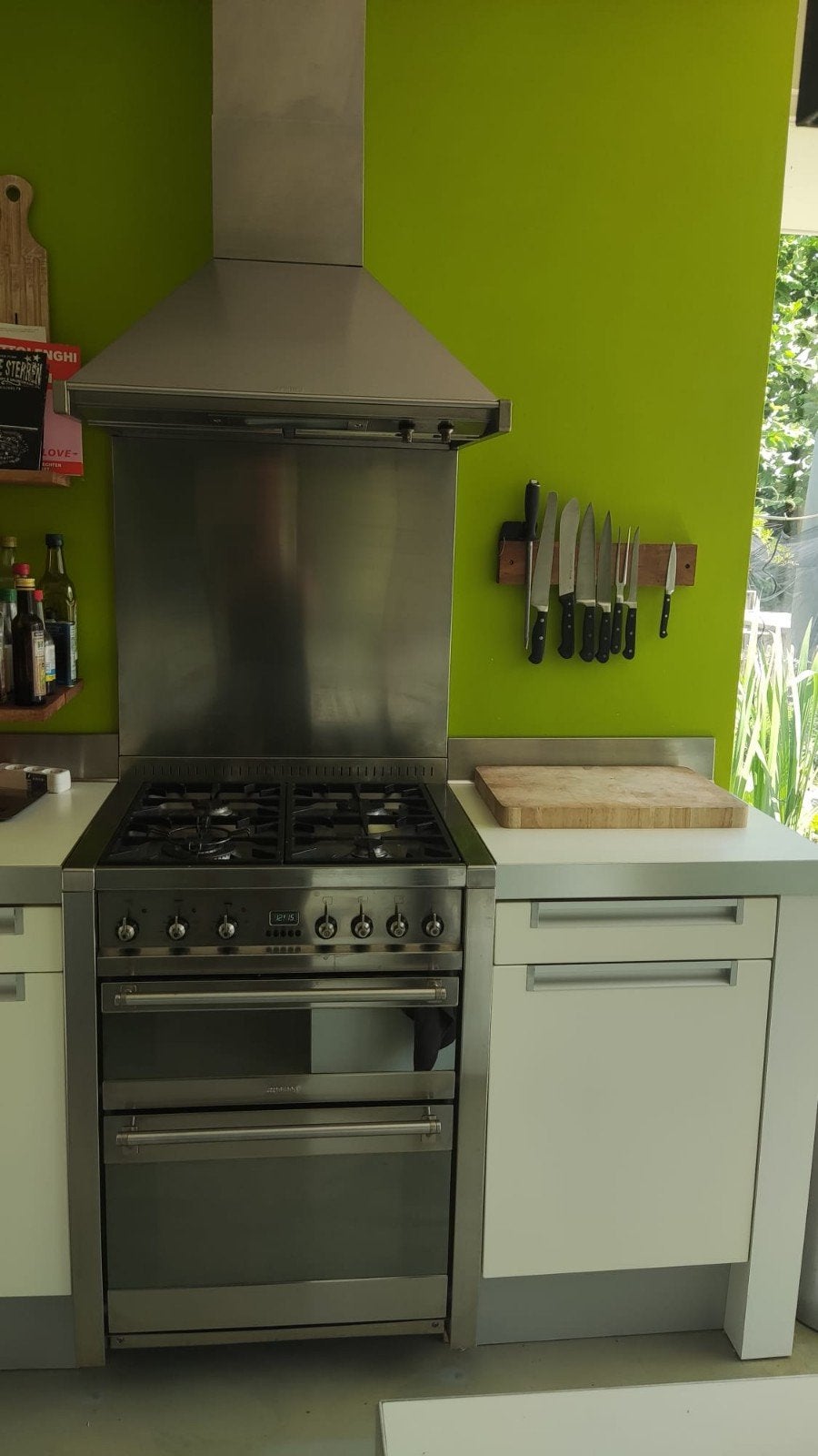 Smeg rvs gasfornuis dubbele oven afzuigkap achterwand, Ophalen, Gebruikt, Warmhoudplaat, 60 cm of meer