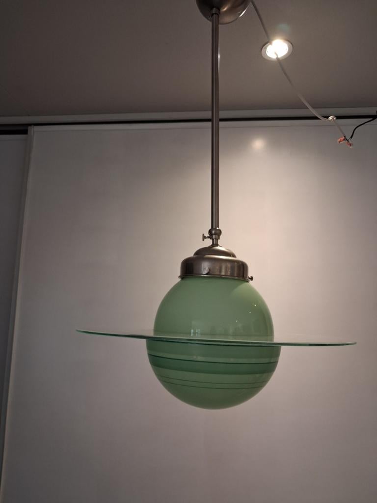 Vintage Art Deco Plafondlamp - Groen Glas, Antiek en Kunst, Antiek | Lampen, Ophalen of Verzenden