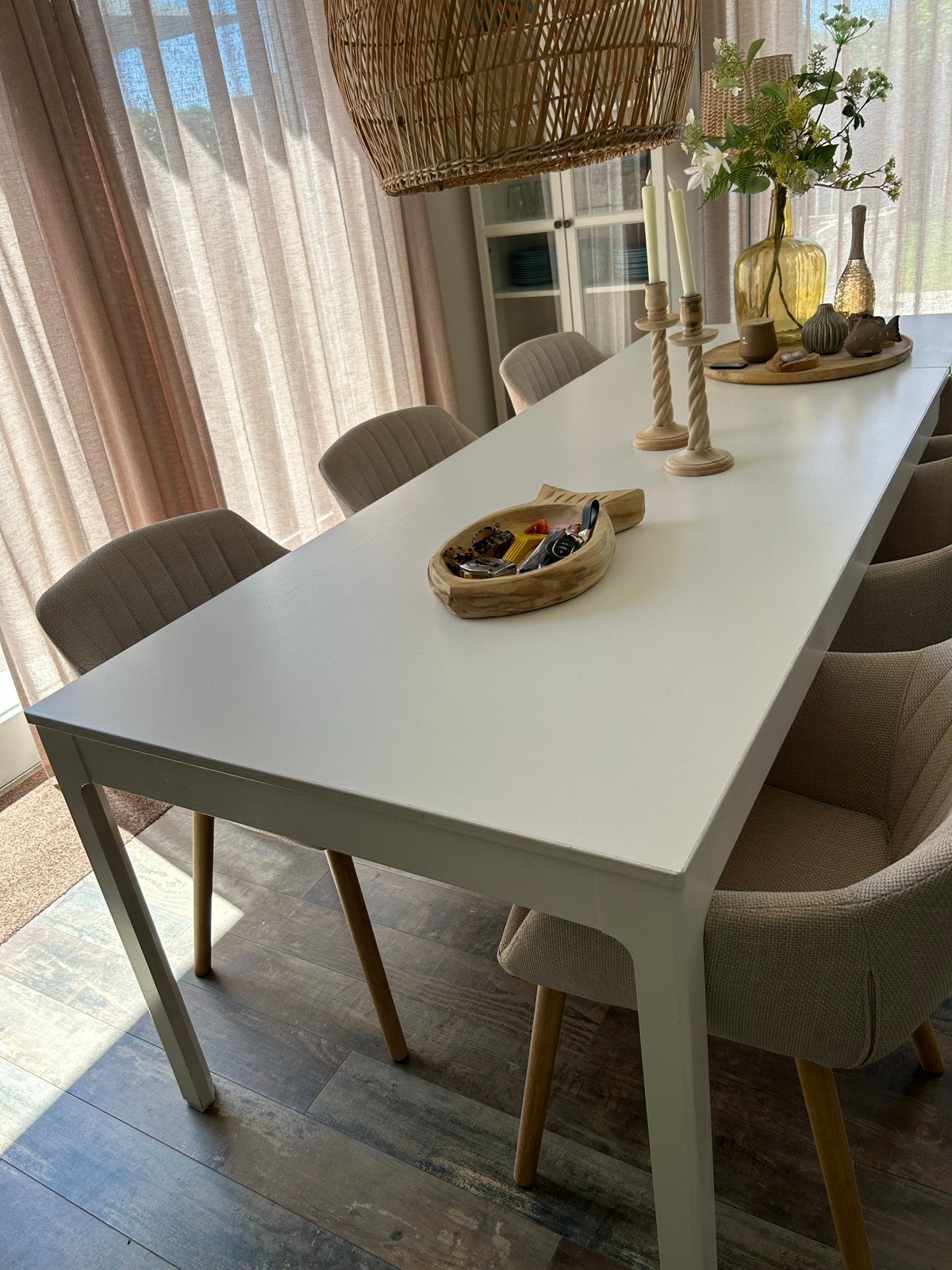 Witte houten uitschuifbare eettafel - 180/240x90x77 cm, Ophalen, Gebruikt, 50 tot 100 cm, Vijf personen of meer