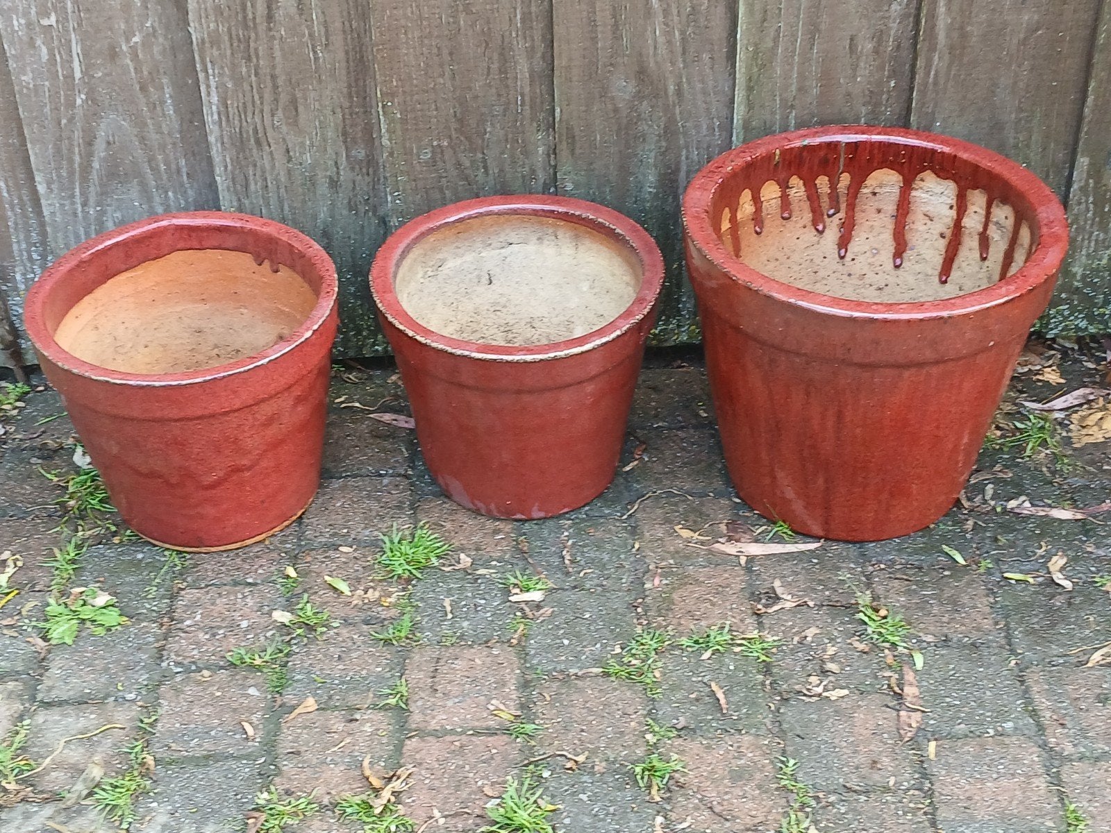 Set van 3 terracotta geglazuurde bloempotten, Gebruikt, 40 cm of meer, Rond, Ophalen of Verzenden