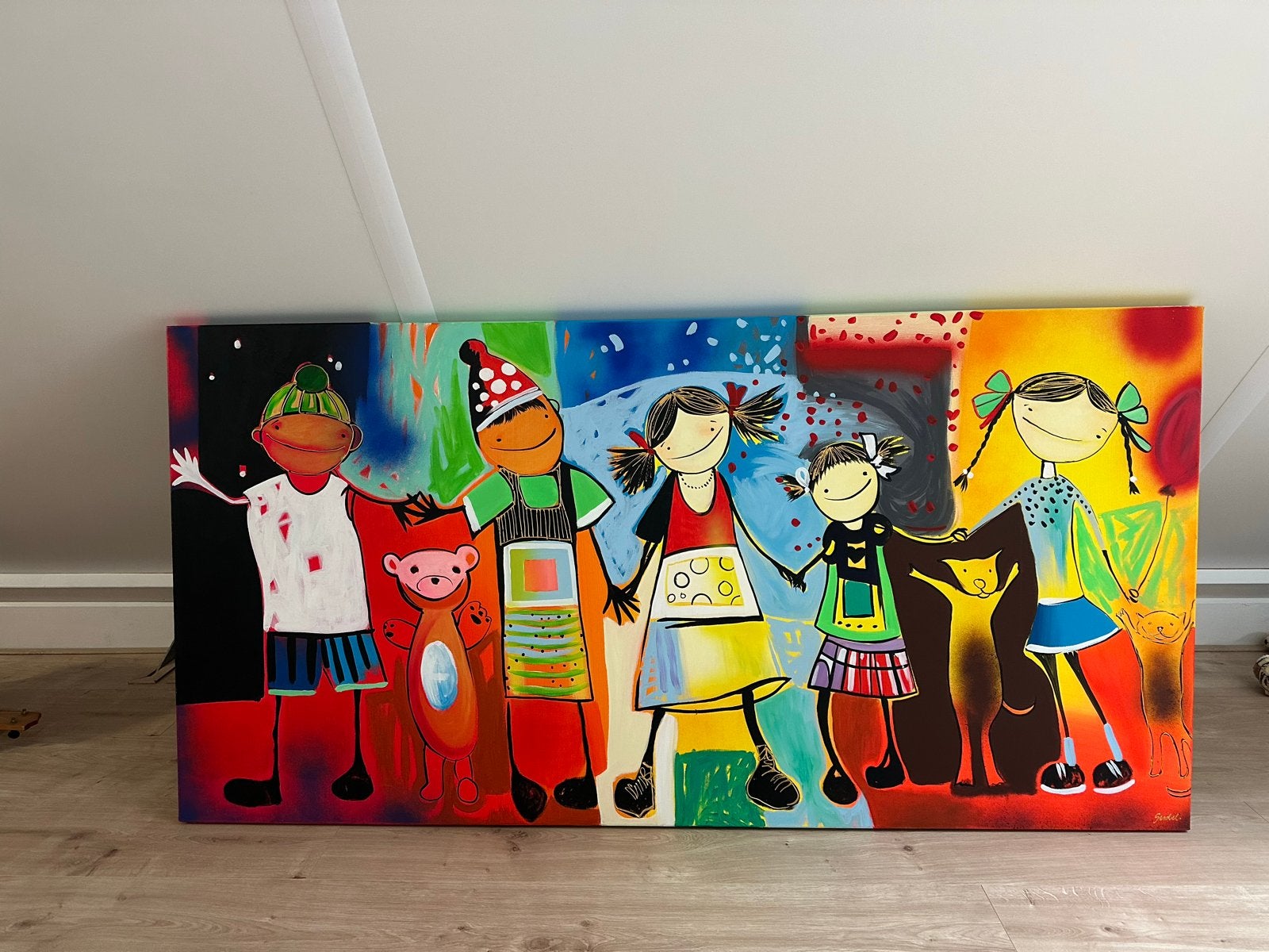 Vrolijk schilderij van kinderen en dieren, Antiek en Kunst, Kunst | Schilderijen | Modern, Ophalen, Hout, Handgeschilderd, Figuren