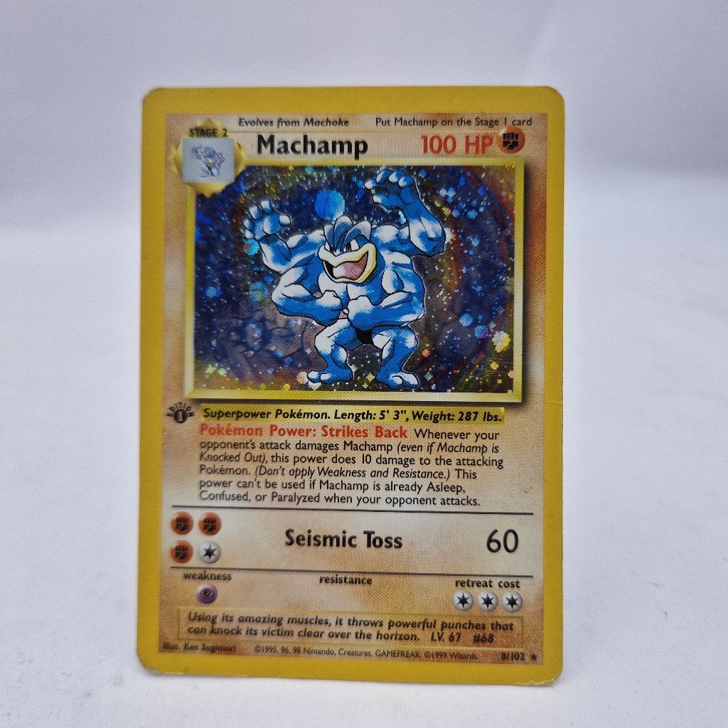 Machamp (BS 8) Base Set 1st edition Pokemon, Hobby en Vrije tijd, Verzamelkaartspellen | Pokémon, Ophalen of Verzenden, Zo goed als nieuw